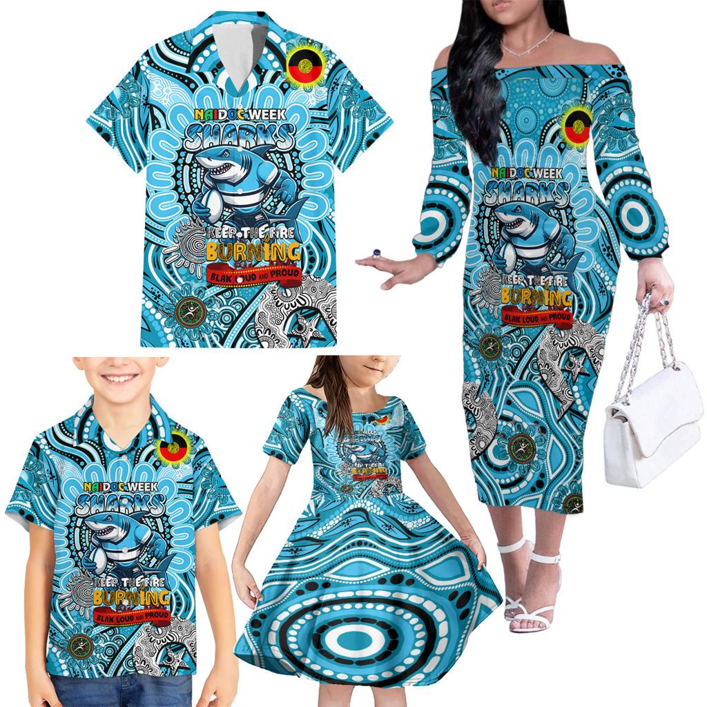 Custom NAIDOC Week 2024 Sharks Family Matching Off The Shoulder Long Sleeve Dress and Hawaiian Shirt Mascot Rugby
