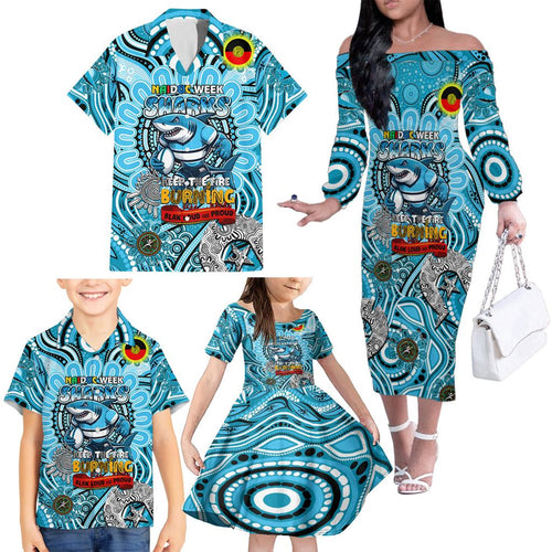 Custom NAIDOC Week 2024 Sharks Family Matching Off The Shoulder Long Sleeve Dress and Hawaiian Shirt Mascot Rugby