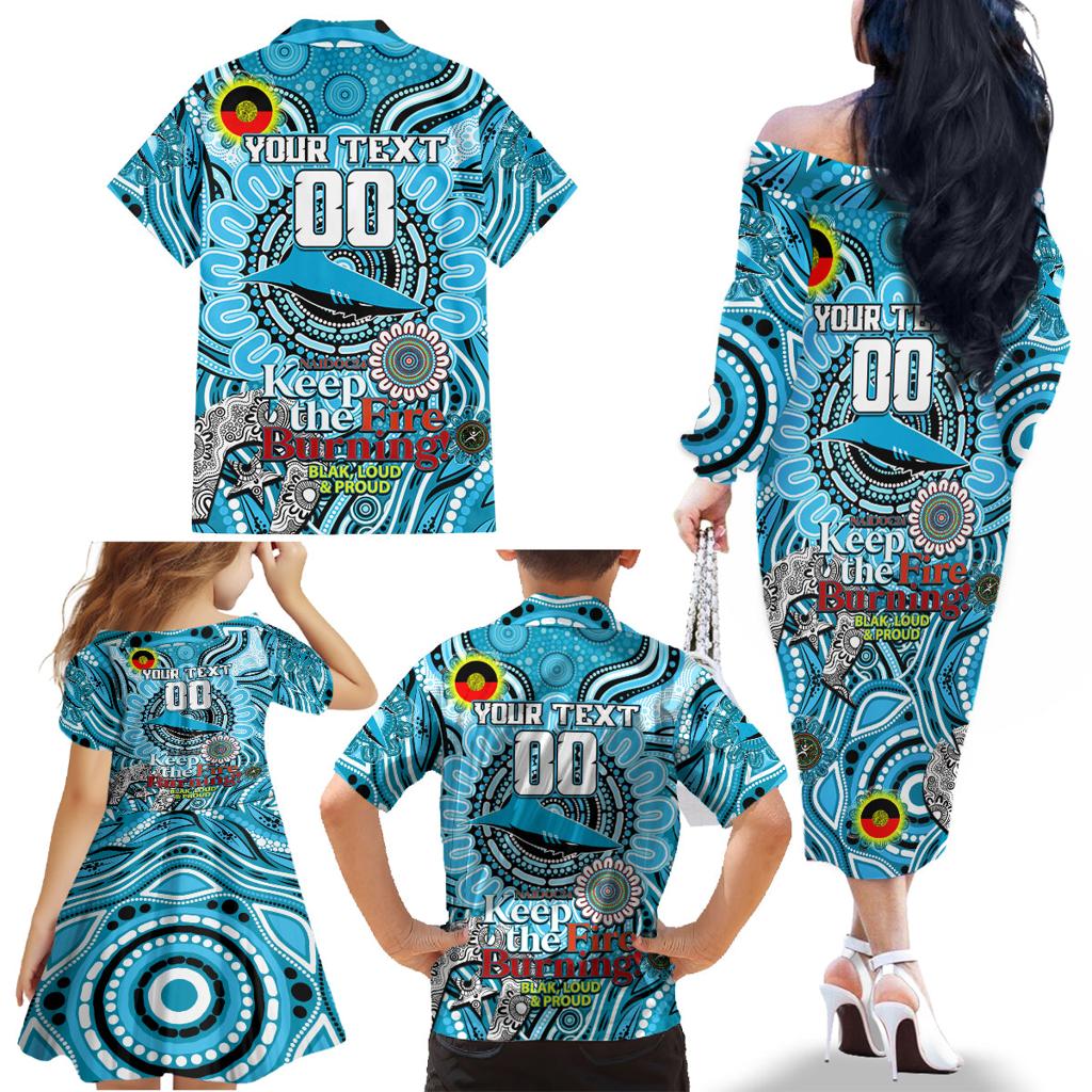 Custom NAIDOC Week 2024 Sharks Family Matching Off The Shoulder Long Sleeve Dress and Hawaiian Shirt Mascot Rugby