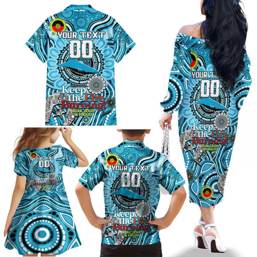 Custom NAIDOC Week 2024 Sharks Family Matching Off The Shoulder Long Sleeve Dress and Hawaiian Shirt Mascot Rugby