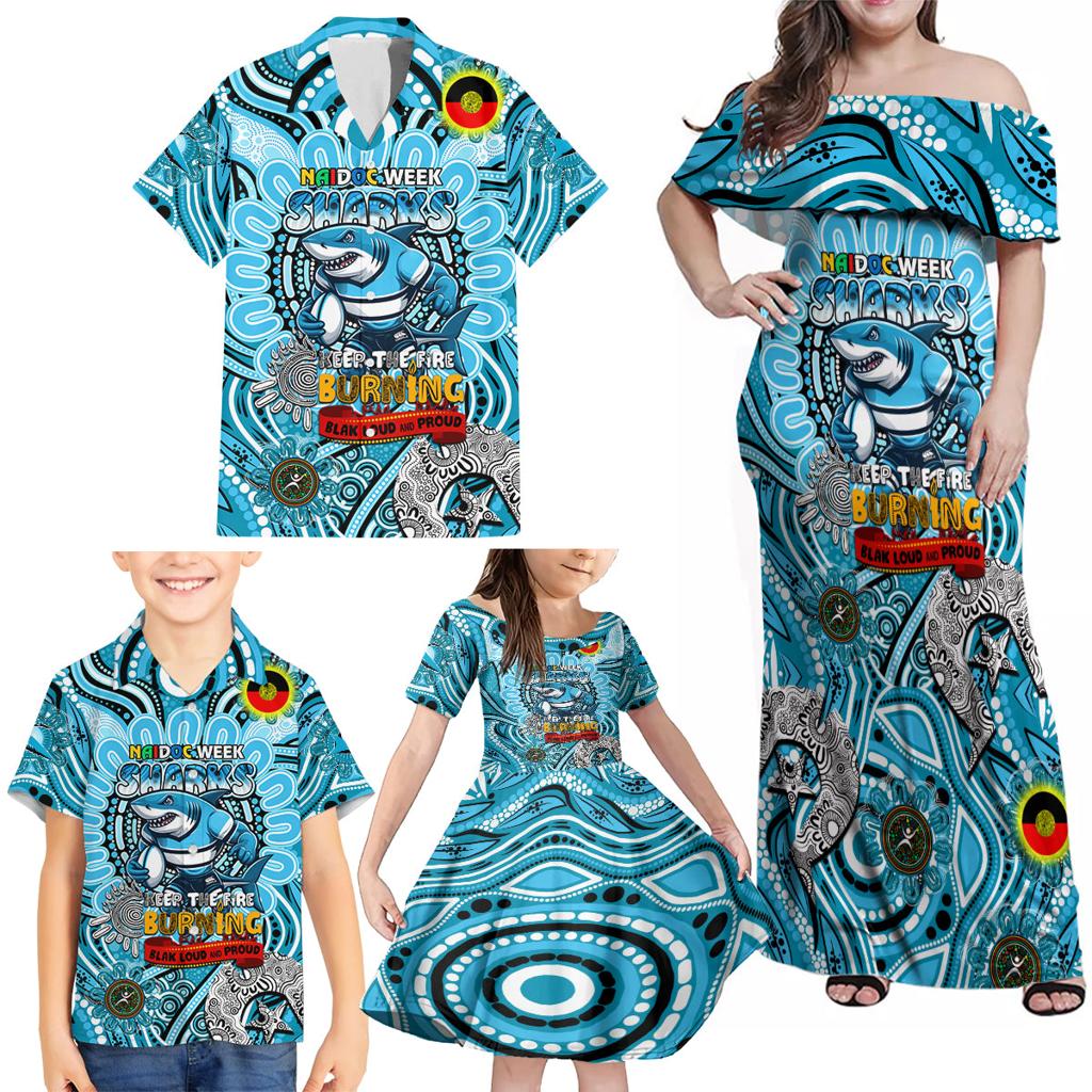 Custom NAIDOC Week 2024 Sharks Family Matching Off Shoulder Maxi Dress and Hawaiian Shirt Mascot Rugby