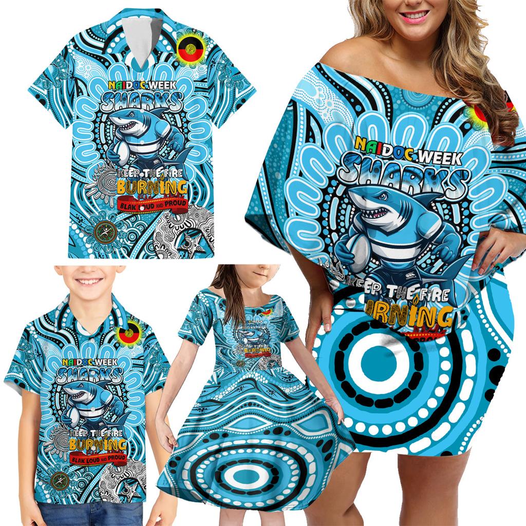 Custom NAIDOC Week 2024 Sharks Family Matching Off Shoulder Short Dress and Hawaiian Shirt Mascot Rugby