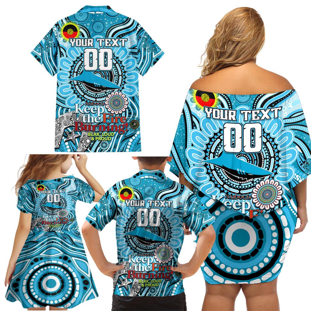 Custom NAIDOC Week 2024 Sharks Family Matching Off Shoulder Short Dress and Hawaiian Shirt Mascot Rugby