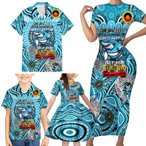 Custom NAIDOC Week 2024 Sharks Family Matching Short Sleeve Bodycon Dress and Hawaiian Shirt Mascot Rugby