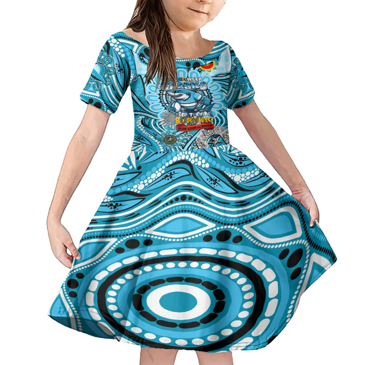 Custom NAIDOC Week 2024 Sharks Kid Short Sleeve Dress Mascot Rugby