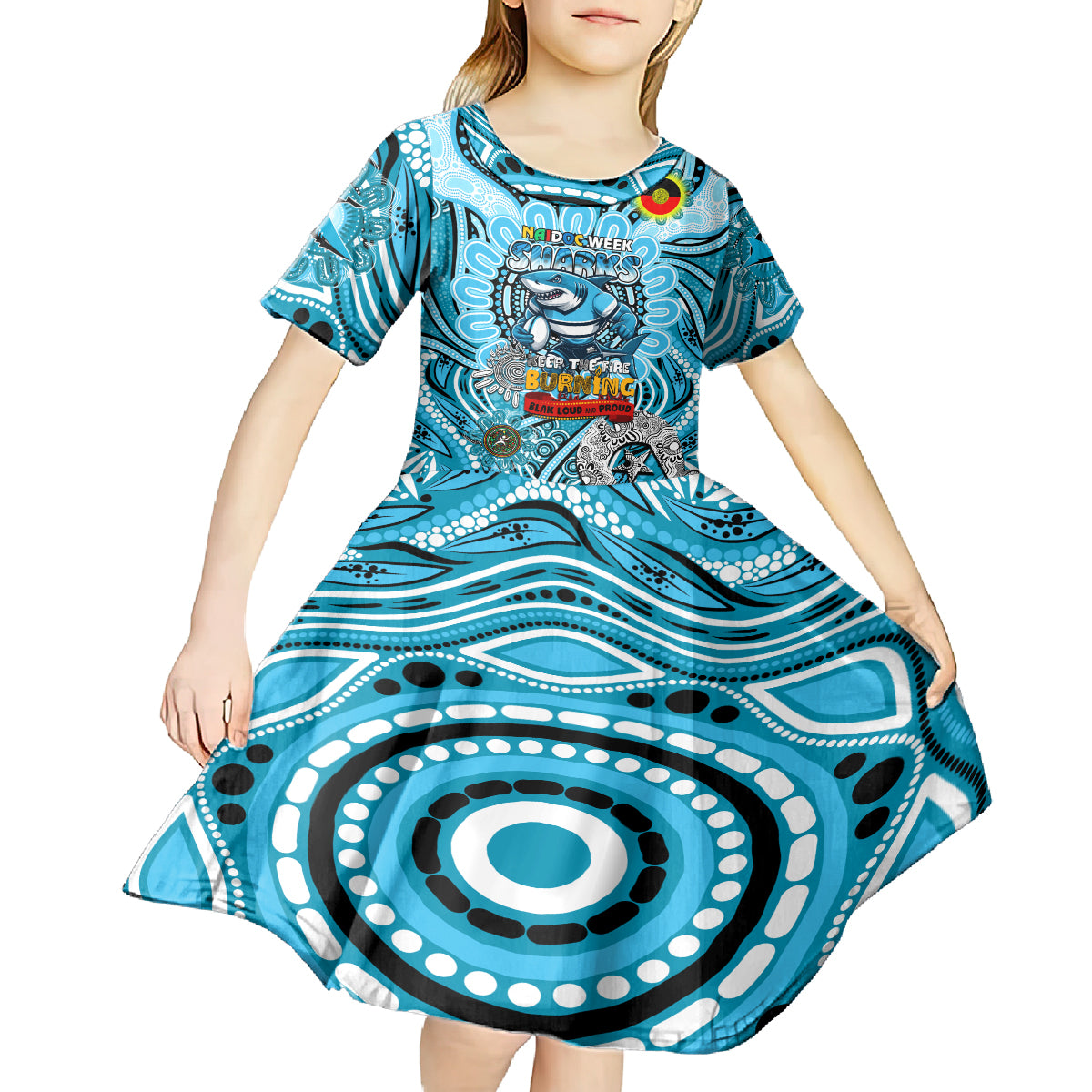Custom NAIDOC Week 2024 Sharks Kid Short Sleeve Dress Mascot Rugby