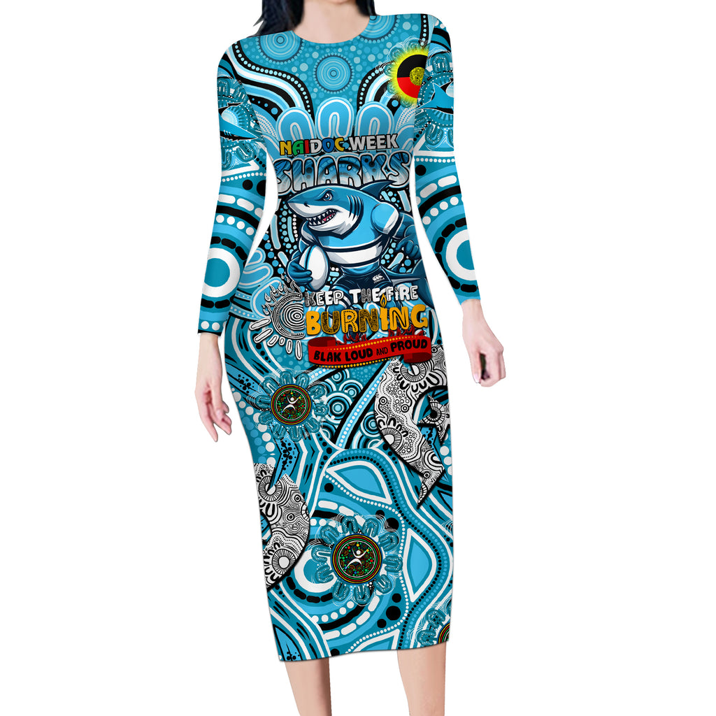 Custom NAIDOC Week 2024 Sharks Long Sleeve Bodycon Dress Mascot Rugby