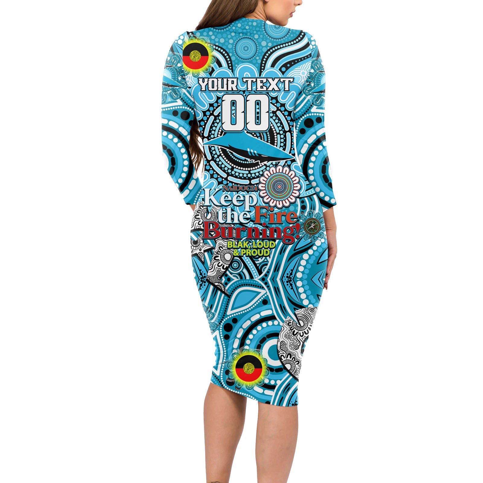 Custom NAIDOC Week 2024 Sharks Long Sleeve Bodycon Dress Mascot Rugby
