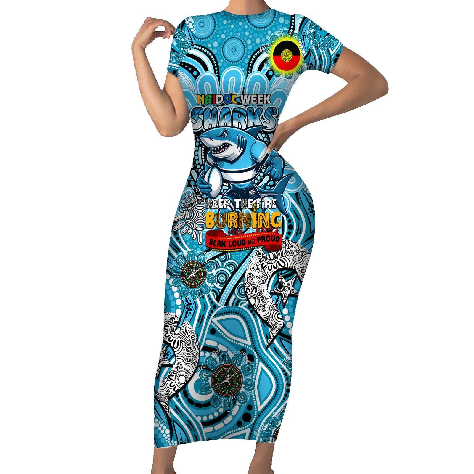 Custom NAIDOC Week 2024 Sharks Short Sleeve Bodycon Dress Mascot Rugby