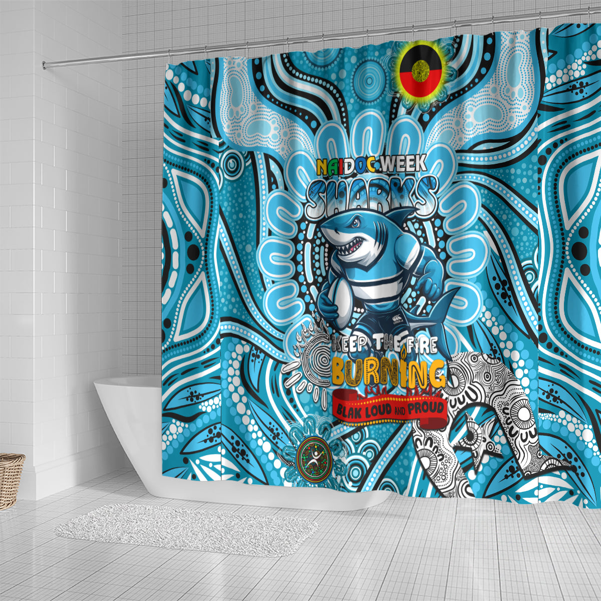 NAIDOC Week 2024 Sharks Shower Curtain Mascot Rugby