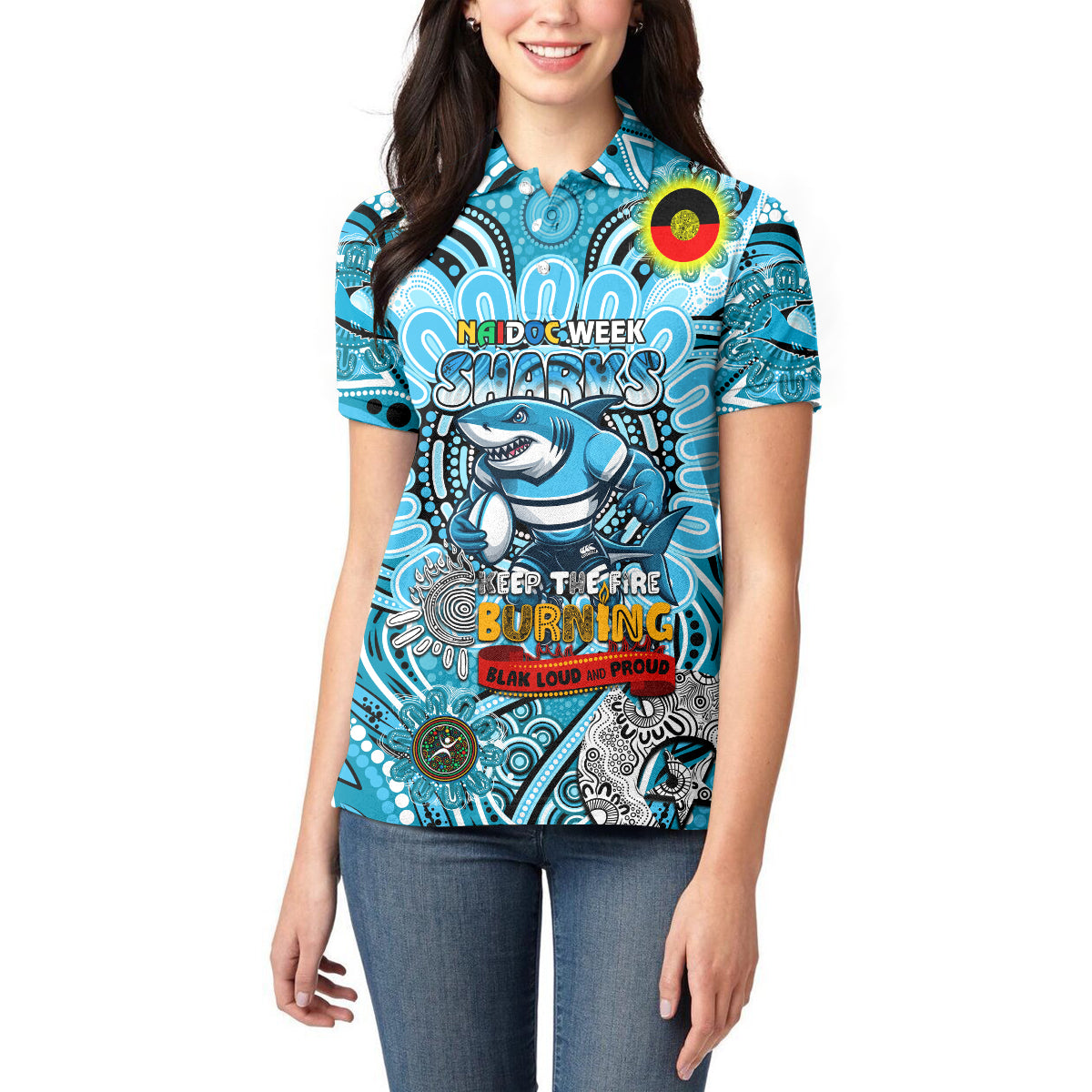 Custom NAIDOC Week 2024 Sharks Women Polo Shirt Mascot Rugby