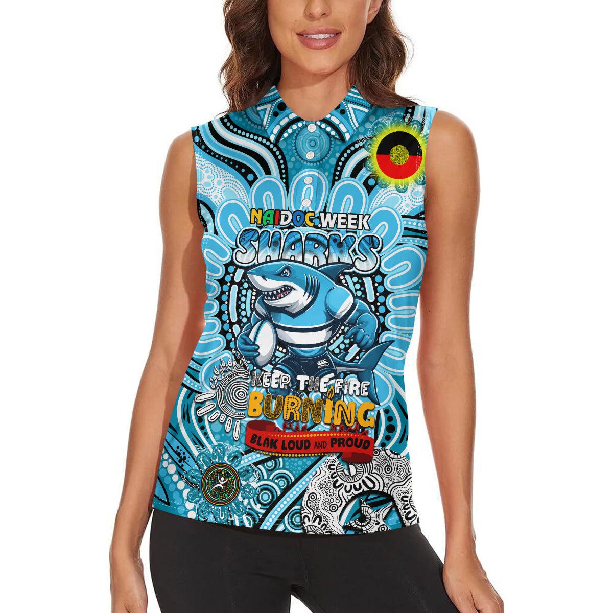 Custom NAIDOC Week 2024 Sharks Women Sleeveless Polo Shirt Mascot Rugby