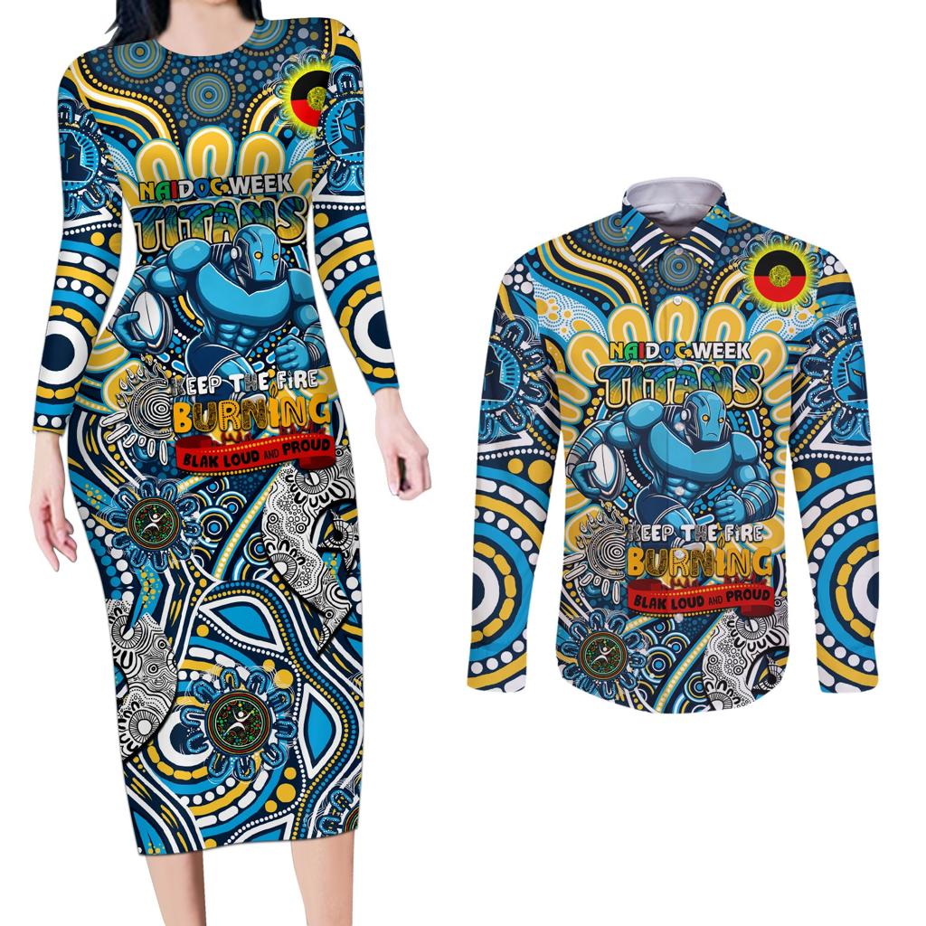Custom NAIDOC Week 2024 Titans Couples Matching Long Sleeve Bodycon Dress and Long Sleeve Button Shirt Mascot Rugby