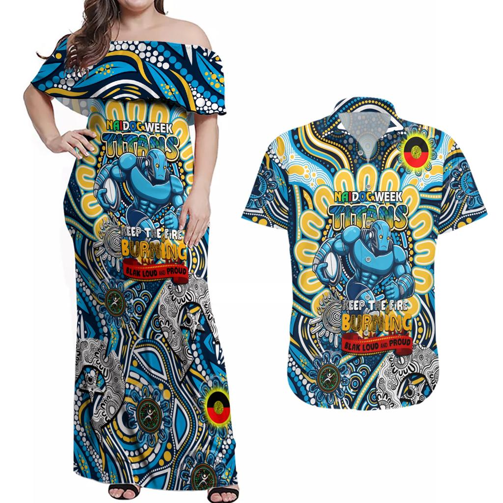 Custom NAIDOC Week 2024 Titans Couples Matching Off Shoulder Maxi Dress and Hawaiian Shirt Mascot Rugby