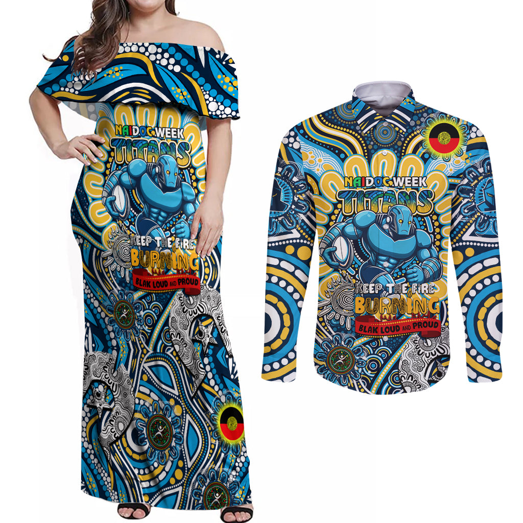 Custom NAIDOC Week 2024 Titans Couples Matching Off Shoulder Maxi Dress and Long Sleeve Button Shirt Mascot Rugby