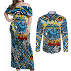 Custom NAIDOC Week 2024 Titans Couples Matching Off Shoulder Maxi Dress and Long Sleeve Button Shirt Mascot Rugby
