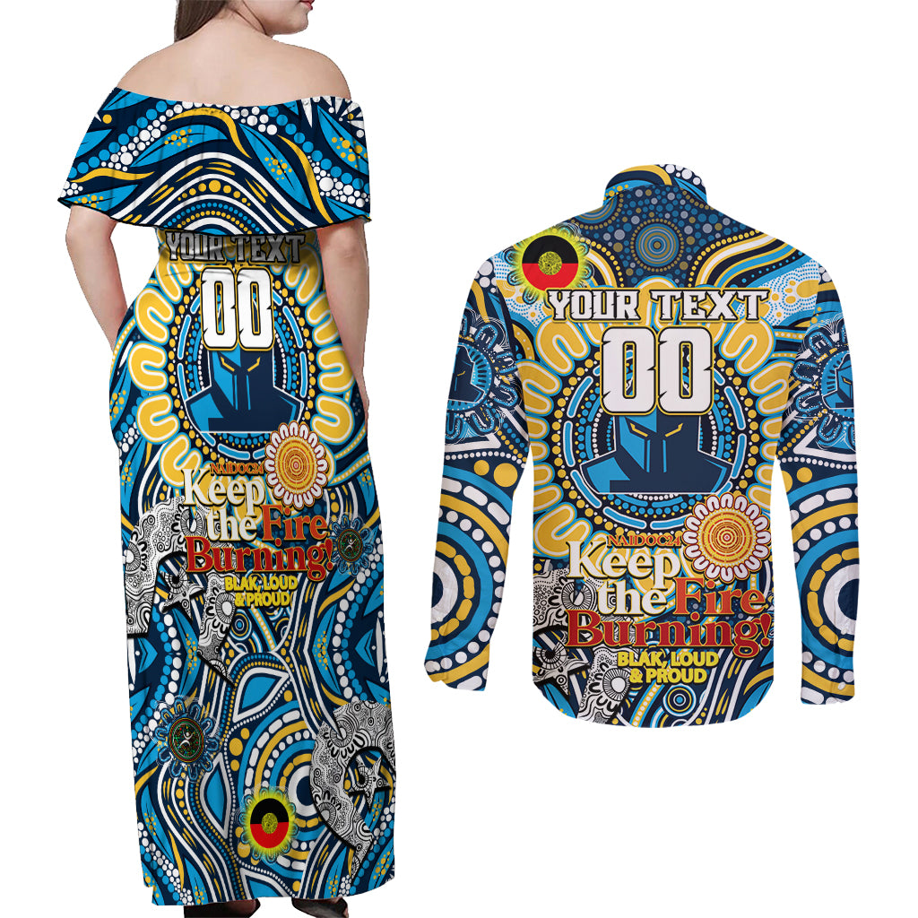 Custom NAIDOC Week 2024 Titans Couples Matching Off Shoulder Maxi Dress and Long Sleeve Button Shirt Mascot Rugby