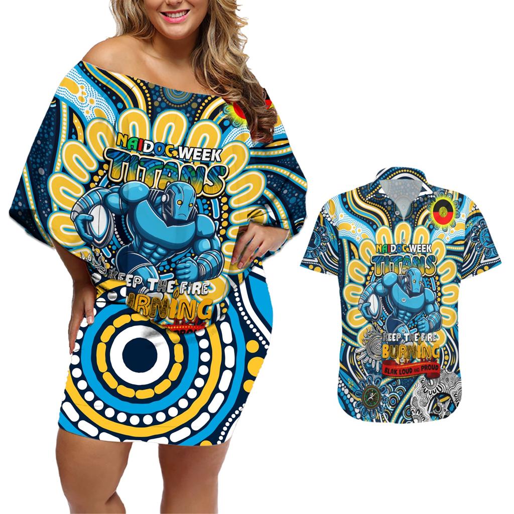 Custom NAIDOC Week 2024 Titans Couples Matching Off Shoulder Short Dress and Hawaiian Shirt Mascot Rugby
