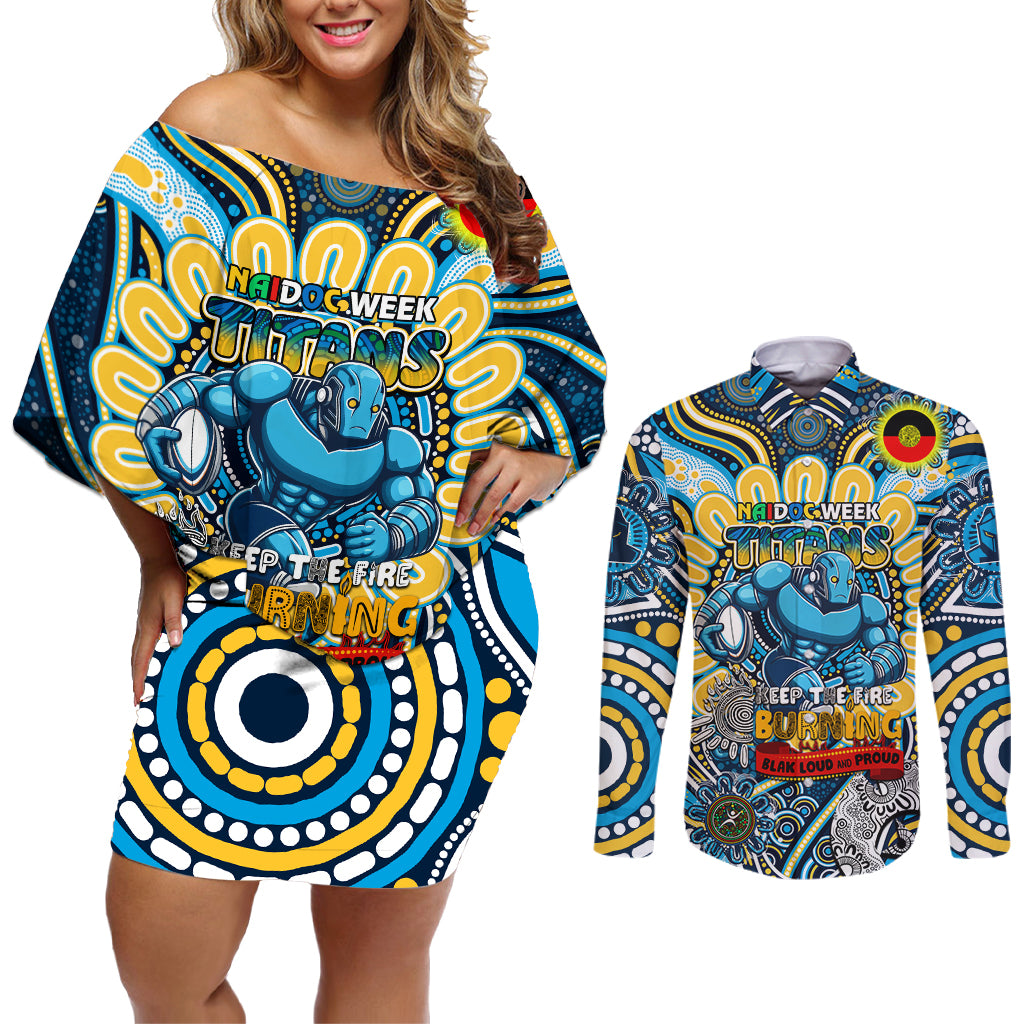 Custom NAIDOC Week 2024 Titans Couples Matching Off Shoulder Short Dress and Long Sleeve Button Shirt Mascot Rugby