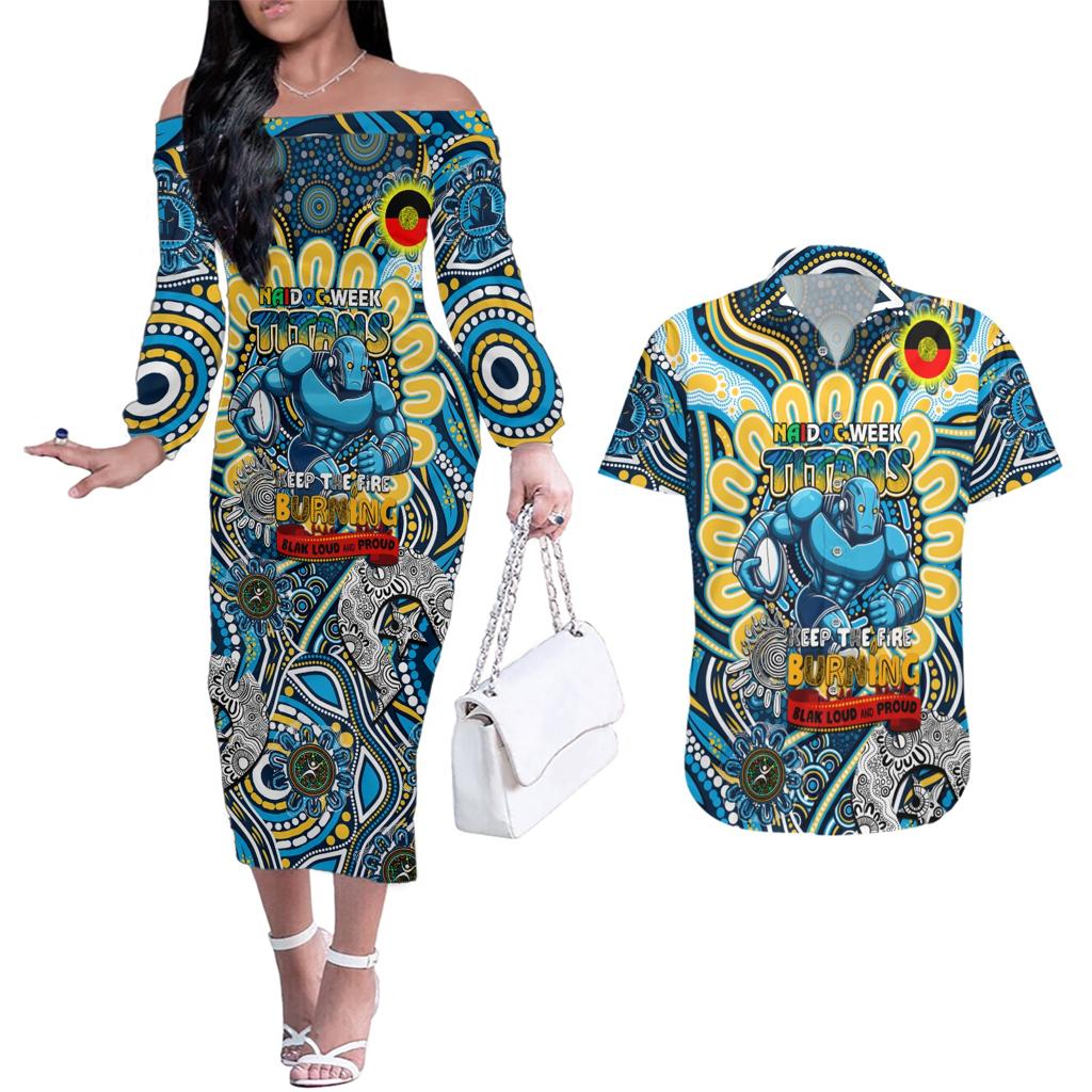 Custom NAIDOC Week 2024 Titans Couples Matching Off The Shoulder Long Sleeve Dress and Hawaiian Shirt Mascot Rugby
