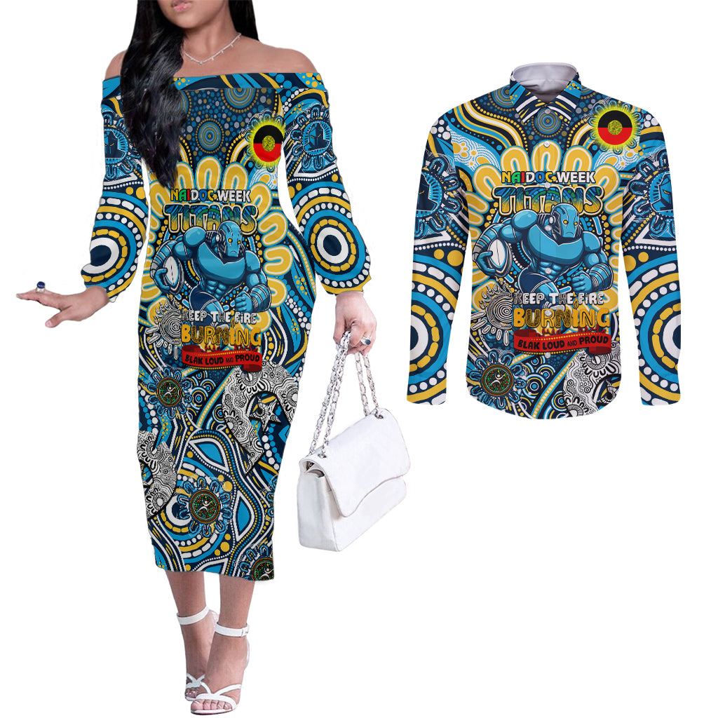 Custom NAIDOC Week 2024 Titans Couples Matching Off The Shoulder Long Sleeve Dress and Long Sleeve Button Shirt Mascot Rugby