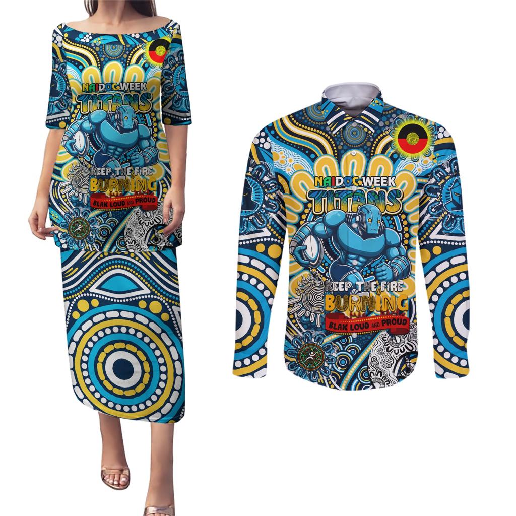 Custom NAIDOC Week 2024 Titans Couples Matching Puletasi and Long Sleeve Button Shirt Mascot Rugby