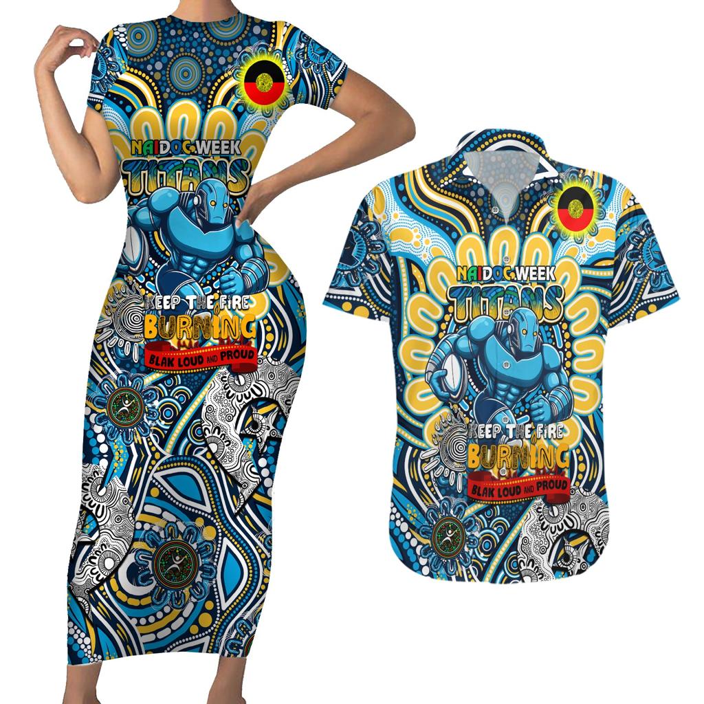 Custom NAIDOC Week 2024 Titans Couples Matching Short Sleeve Bodycon Dress and Hawaiian Shirt Mascot Rugby
