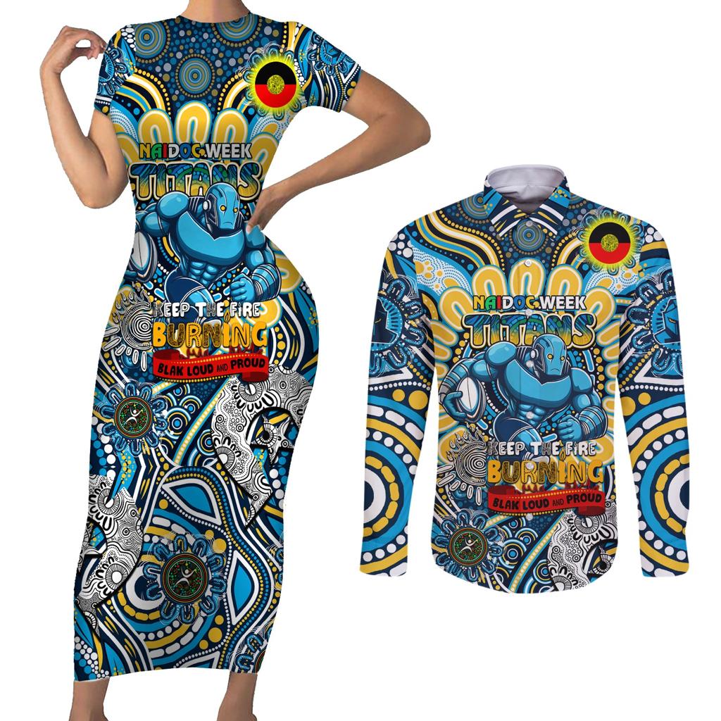 Custom NAIDOC Week 2024 Titans Couples Matching Short Sleeve Bodycon Dress and Long Sleeve Button Shirt Mascot Rugby