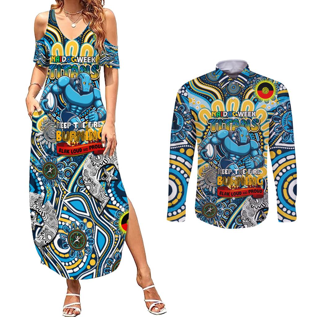 Custom NAIDOC Week 2024 Titans Couples Matching Summer Maxi Dress and Long Sleeve Button Shirt Mascot Rugby