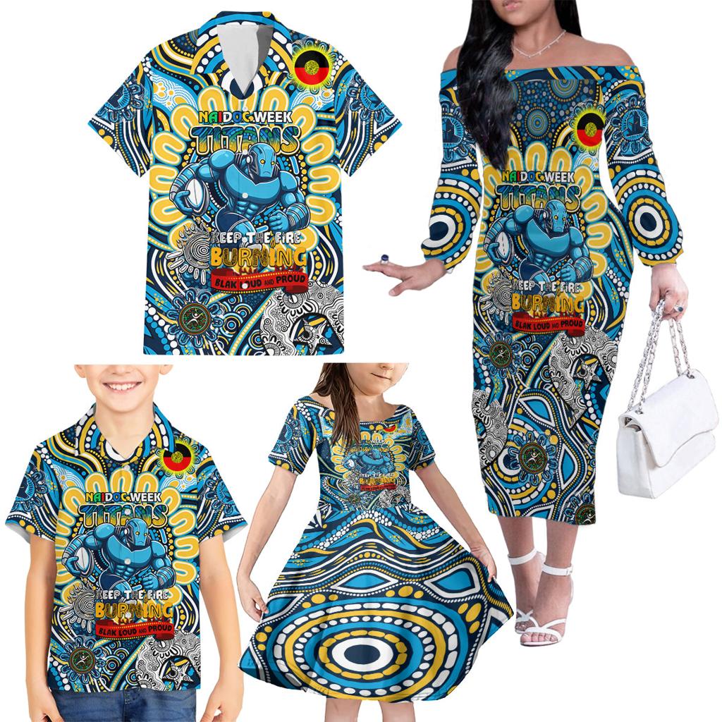 Custom NAIDOC Week 2024 Titans Family Matching Off The Shoulder Long Sleeve Dress and Hawaiian Shirt Mascot Rugby