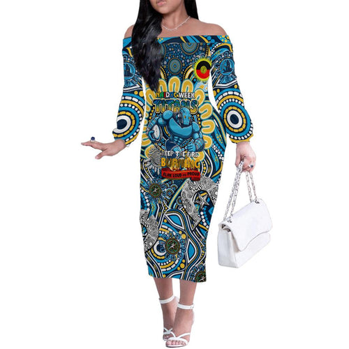 Custom NAIDOC Week 2024 Titans Family Matching Off The Shoulder Long Sleeve Dress and Hawaiian Shirt Mascot Rugby