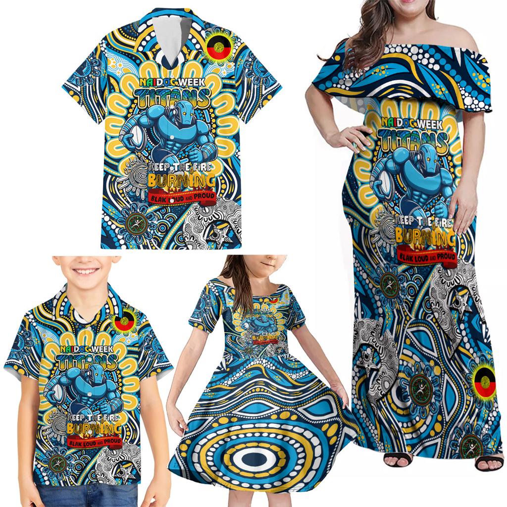 Custom NAIDOC Week 2024 Titans Family Matching Off Shoulder Maxi Dress and Hawaiian Shirt Mascot Rugby