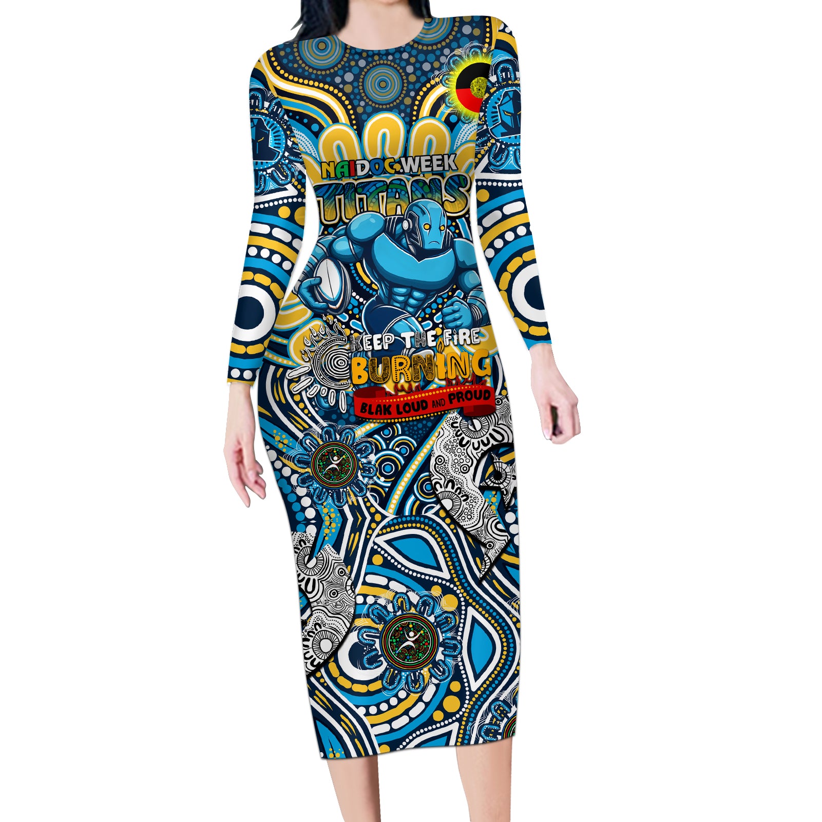 Custom NAIDOC Week 2024 Titans Long Sleeve Bodycon Dress Mascot Rugby