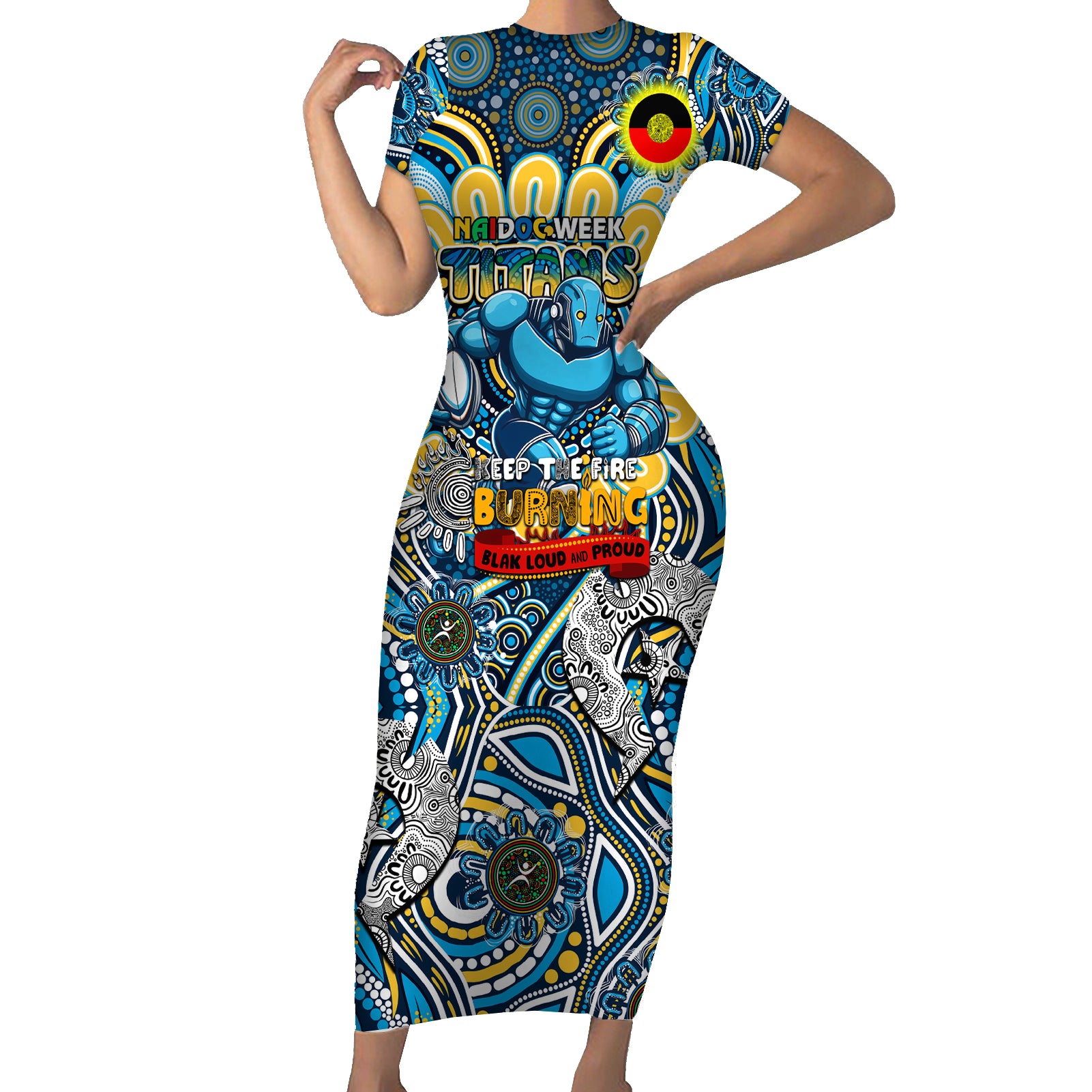 Custom NAIDOC Week 2024 Titans Short Sleeve Bodycon Dress Mascot Rugby