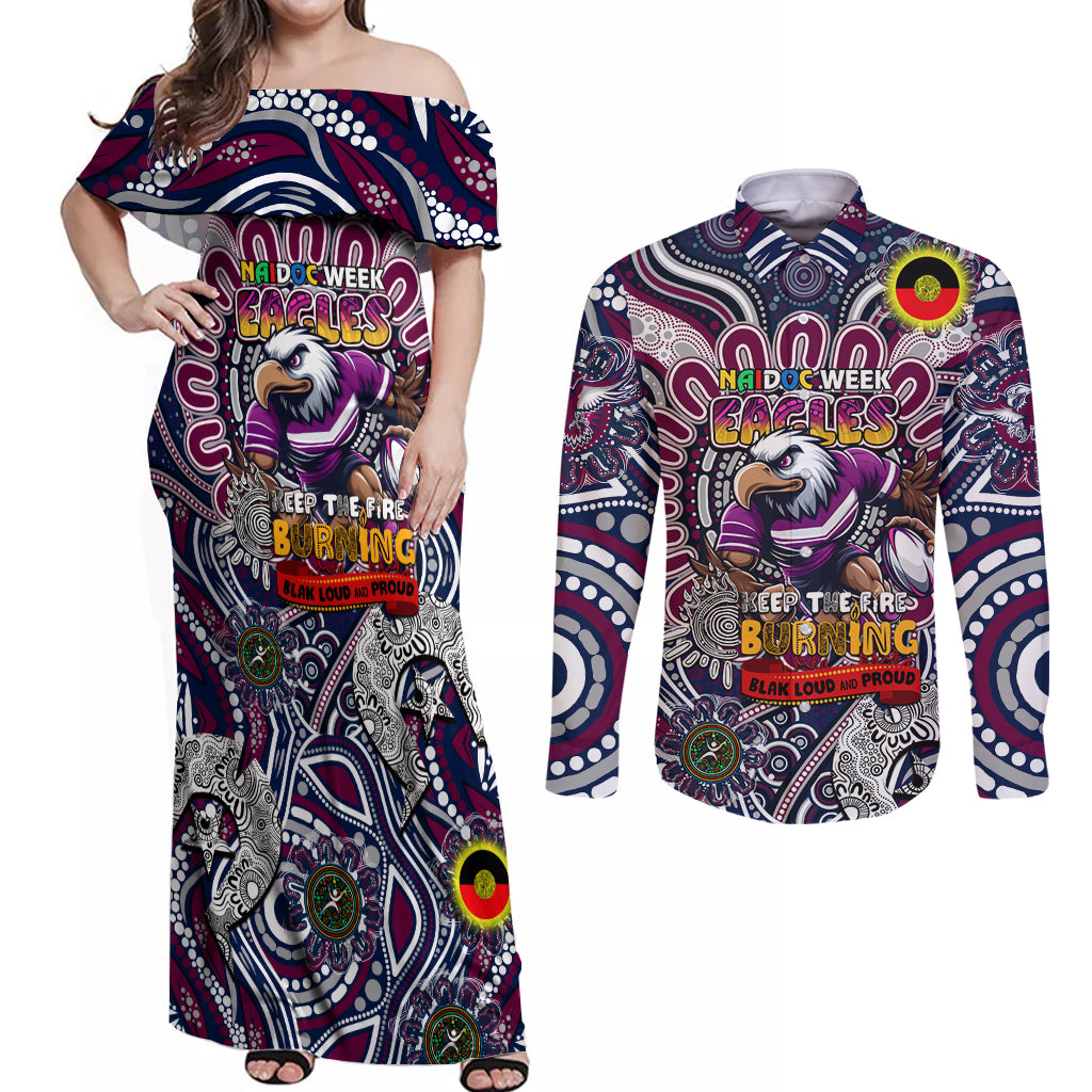 Custom NAIDOC Week 2024 Eagles Couples Matching Off Shoulder Maxi Dress and Long Sleeve Button Shirt Mascot Rugby