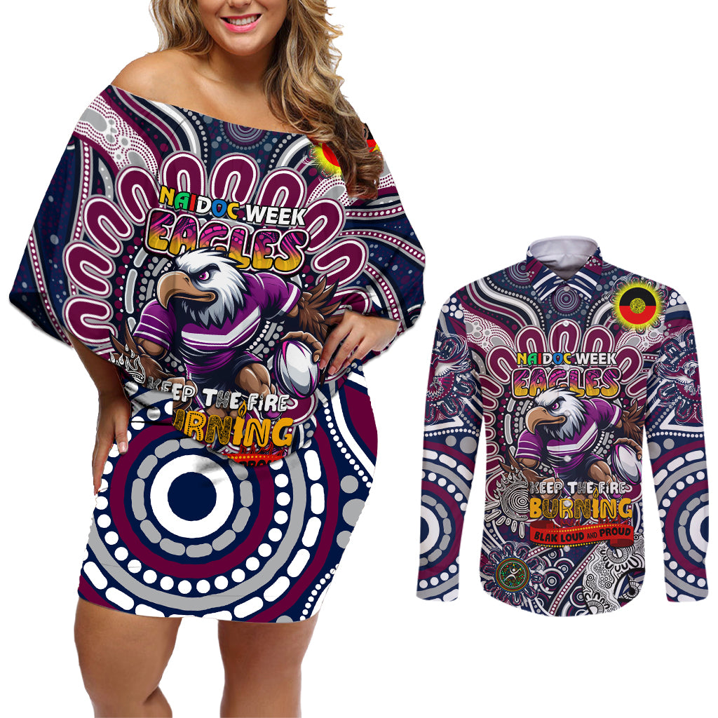 Custom NAIDOC Week 2024 Eagles Couples Matching Off Shoulder Short Dress and Long Sleeve Button Shirt Mascot Rugby