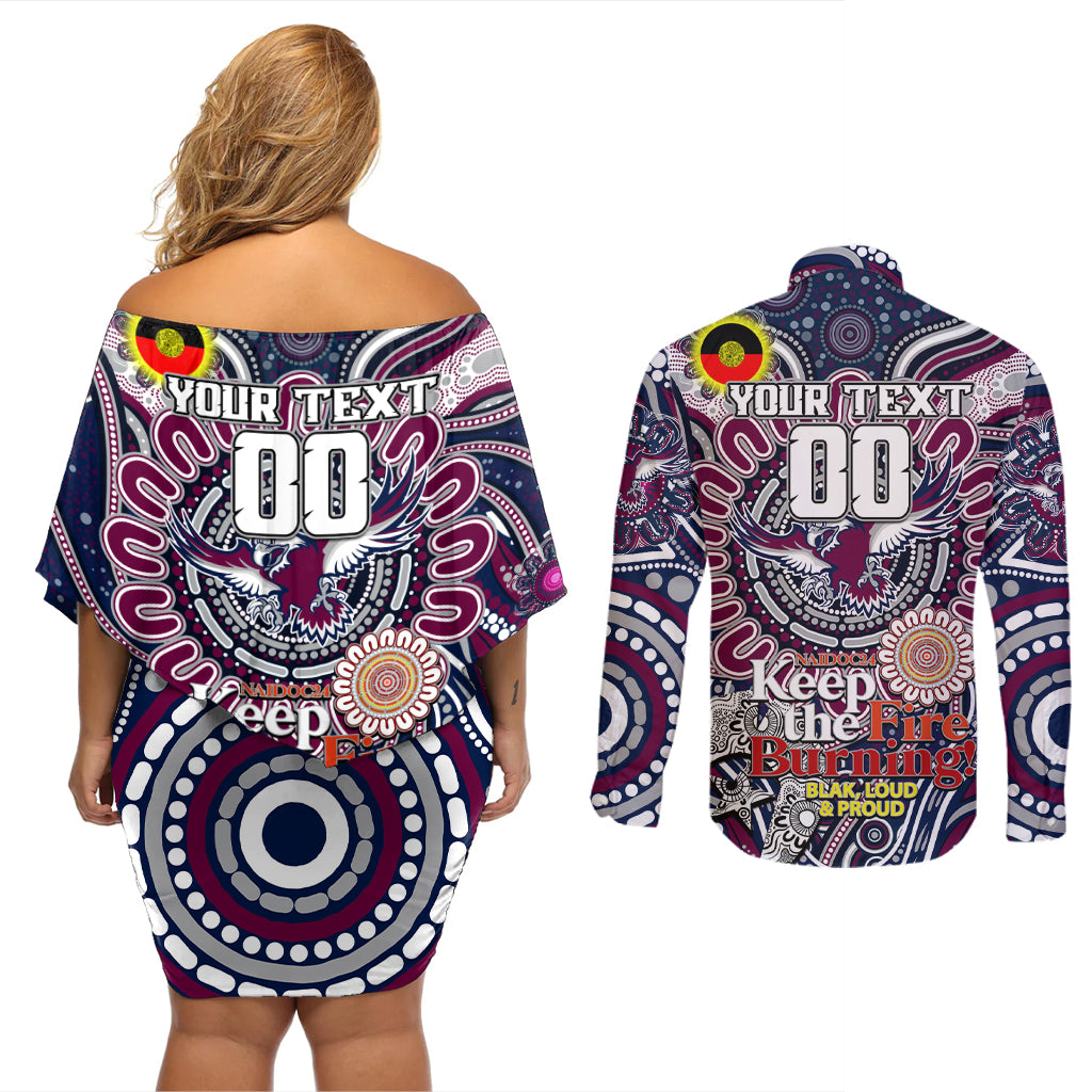 Custom NAIDOC Week 2024 Eagles Couples Matching Off Shoulder Short Dress and Long Sleeve Button Shirt Mascot Rugby