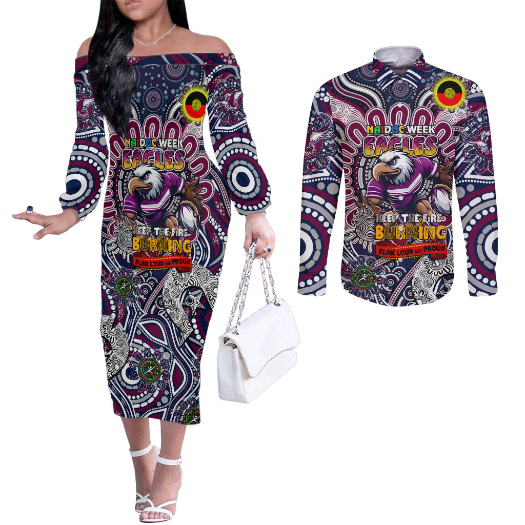 Custom NAIDOC Week 2024 Eagles Couples Matching Off The Shoulder Long Sleeve Dress and Long Sleeve Button Shirt Mascot Rugby