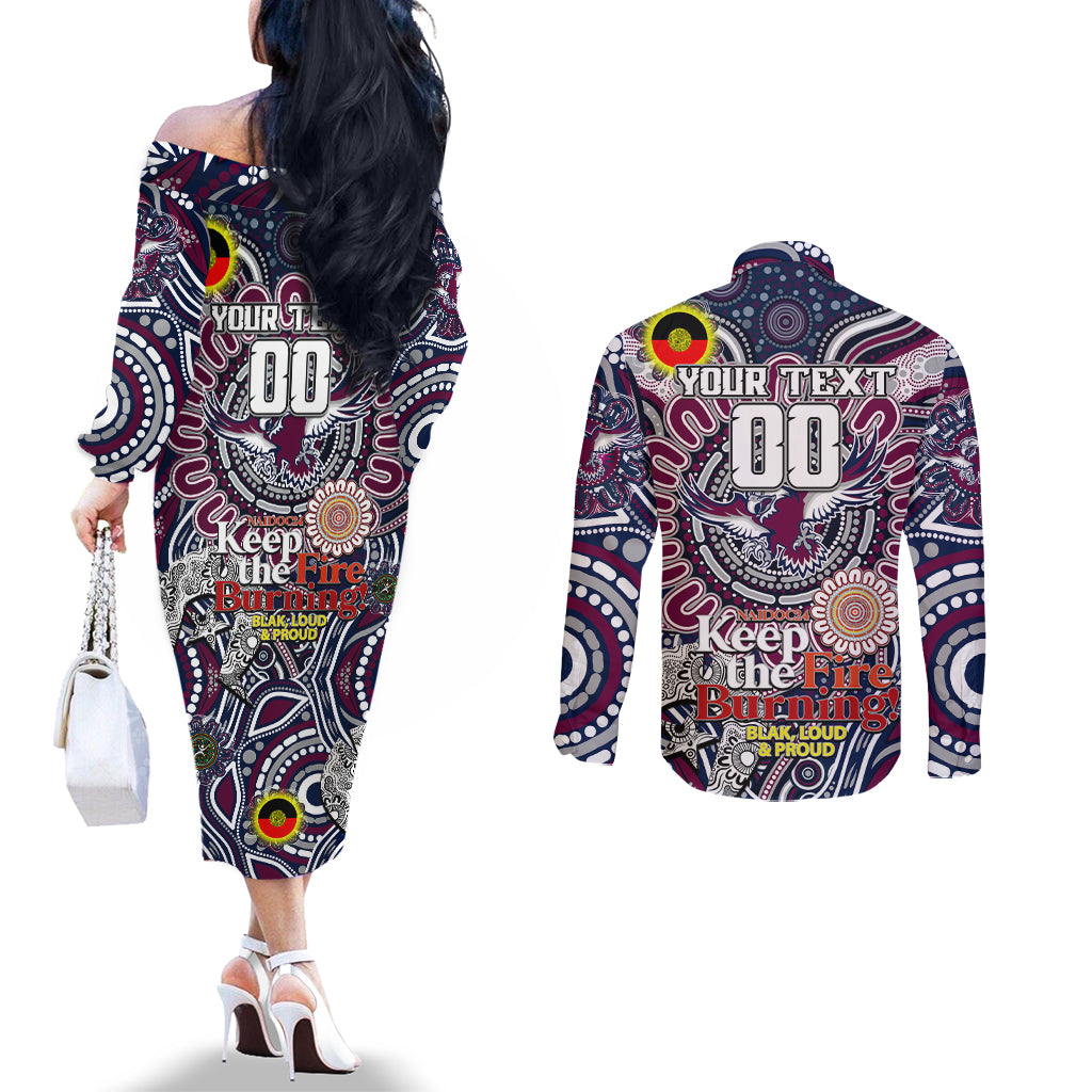 Custom NAIDOC Week 2024 Eagles Couples Matching Off The Shoulder Long Sleeve Dress and Long Sleeve Button Shirt Mascot Rugby