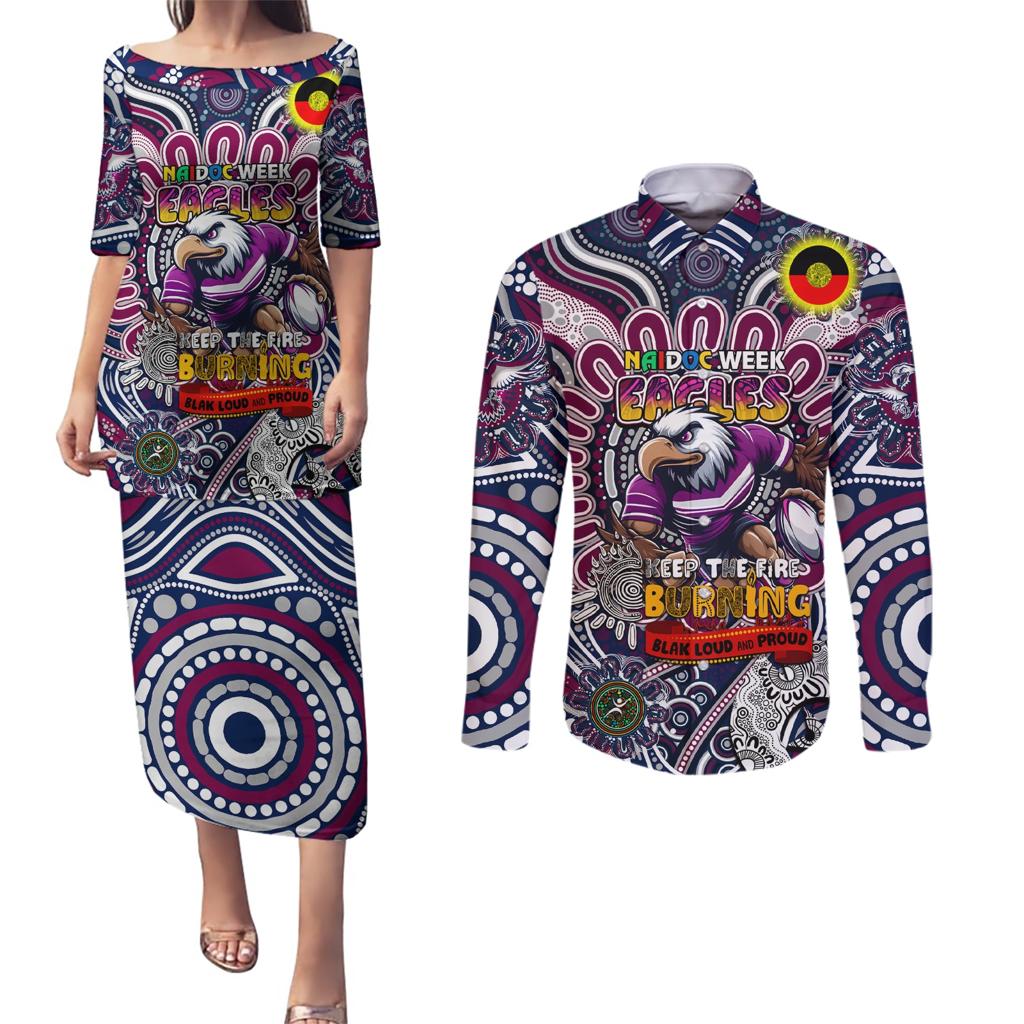 Custom NAIDOC Week 2024 Eagles Couples Matching Puletasi and Long Sleeve Button Shirt Mascot Rugby
