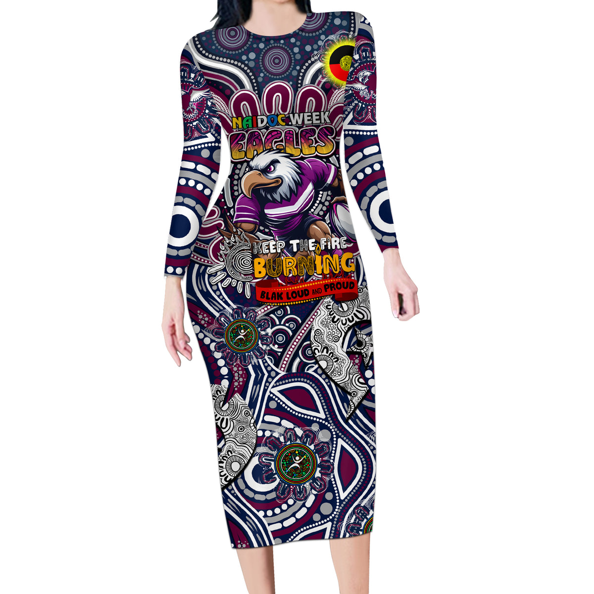 Custom NAIDOC Week 2024 Eagles Long Sleeve Bodycon Dress Mascot Rugby