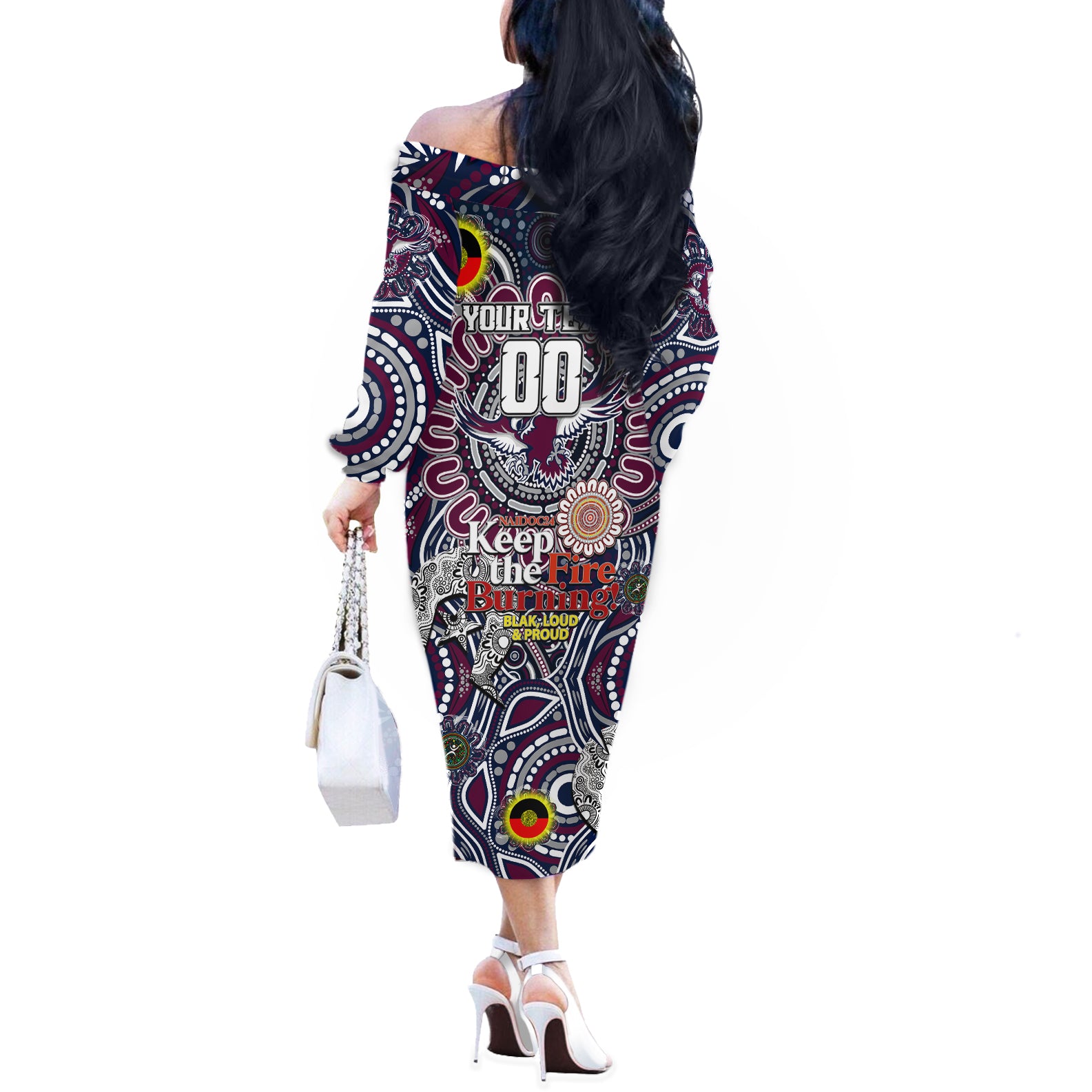 Custom NAIDOC Week 2024 Eagles Off The Shoulder Long Sleeve Dress Mascot Rugby