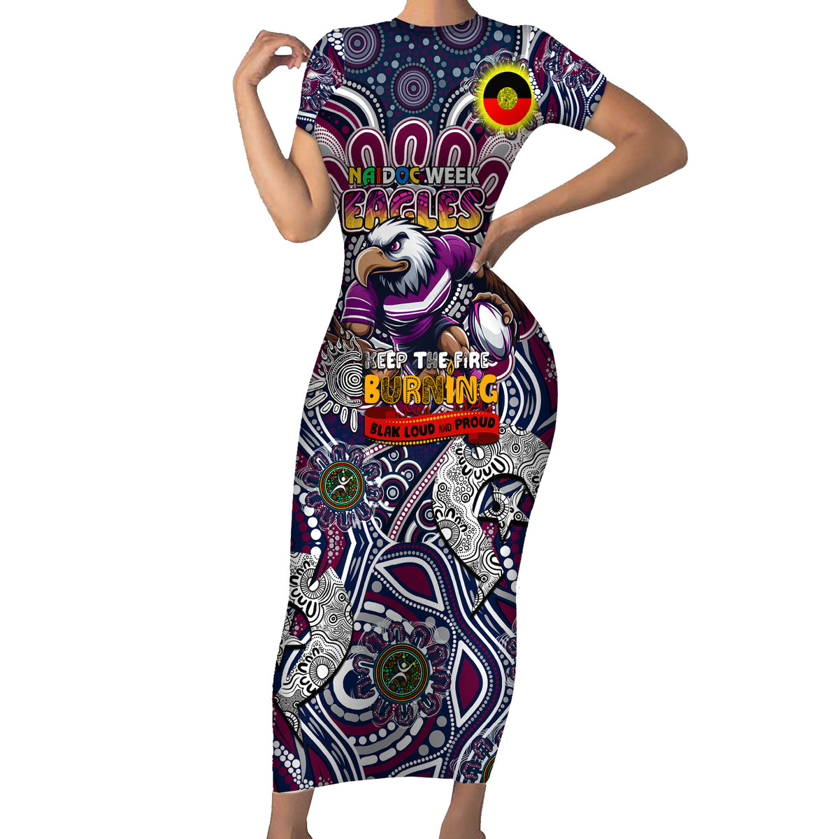 Custom NAIDOC Week 2024 Eagles Short Sleeve Bodycon Dress Mascot Rugby