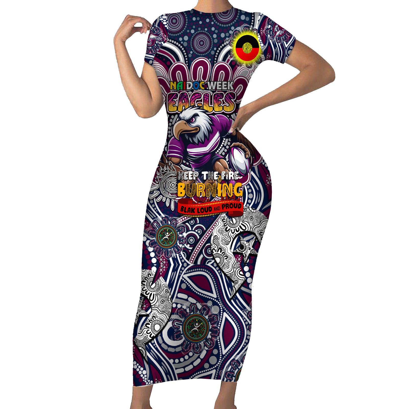 Custom NAIDOC Week 2024 Eagles Short Sleeve Bodycon Dress Mascot Rugby