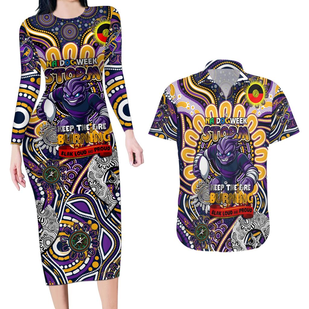 Custom NAIDOC Week 2024 Storm Couples Matching Long Sleeve Bodycon Dress and Hawaiian Shirt Mascot Rugby
