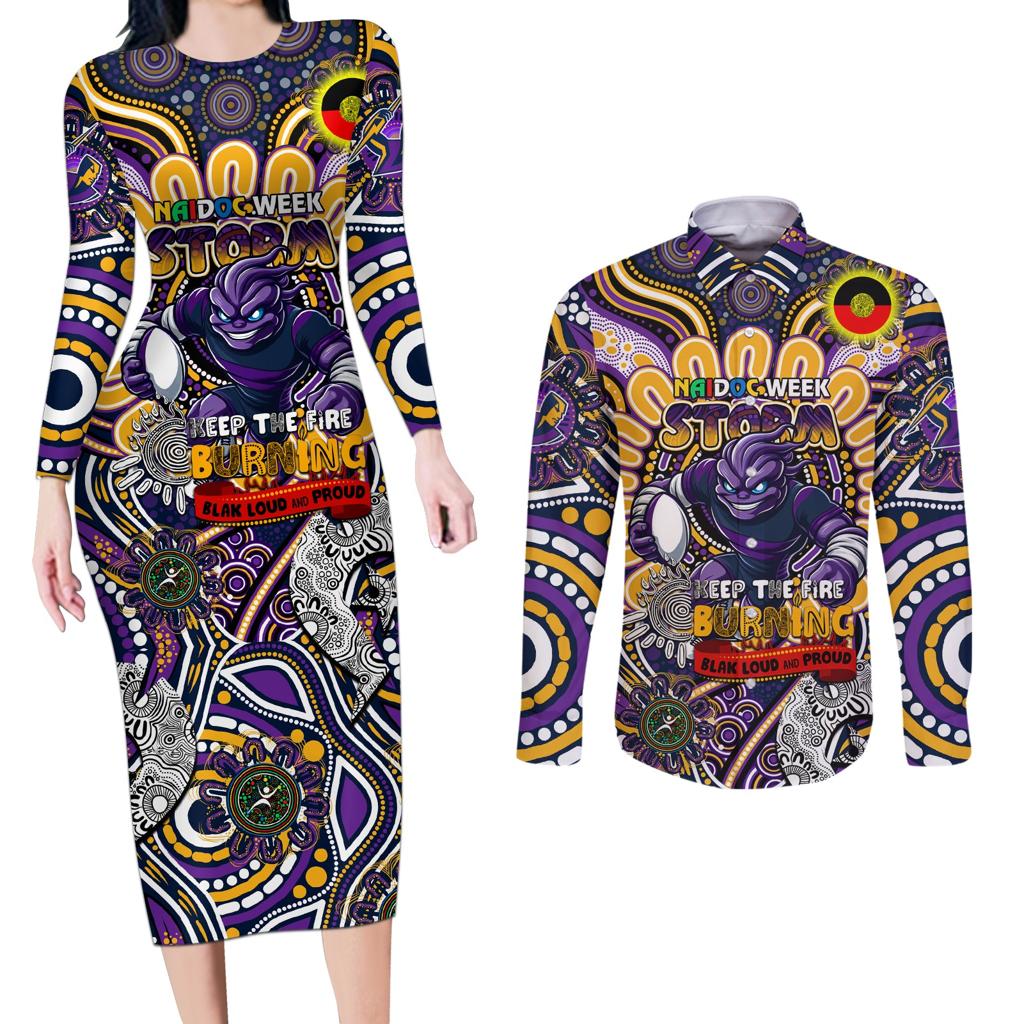 Custom NAIDOC Week 2024 Storm Couples Matching Long Sleeve Bodycon Dress and Long Sleeve Button Shirt Mascot Rugby