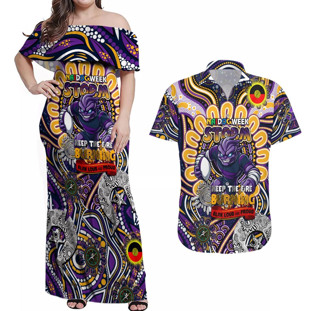 Custom NAIDOC Week 2024 Storm Couples Matching Off Shoulder Maxi Dress and Hawaiian Shirt Mascot Rugby