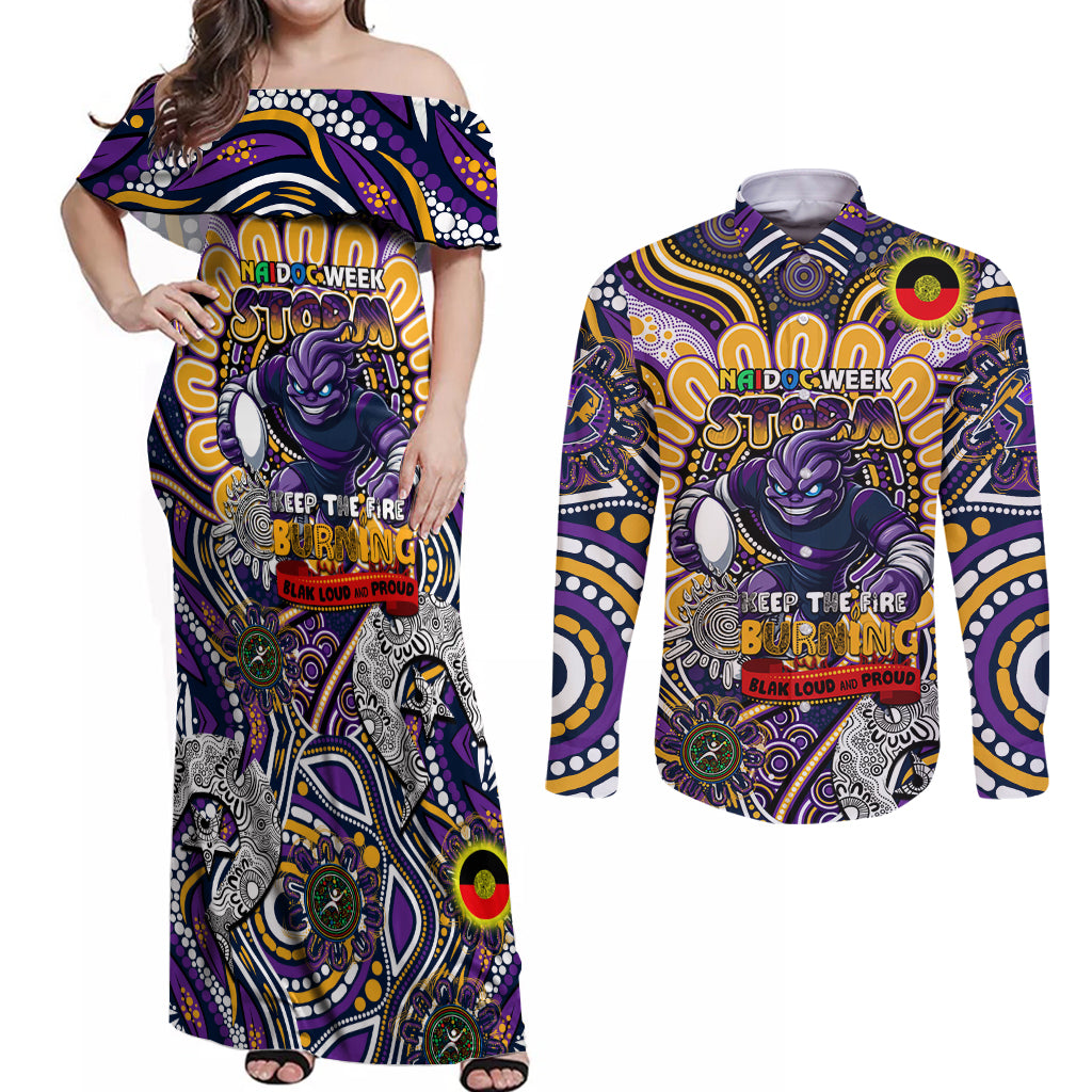 Custom NAIDOC Week 2024 Storm Couples Matching Off Shoulder Maxi Dress and Long Sleeve Button Shirt Mascot Rugby