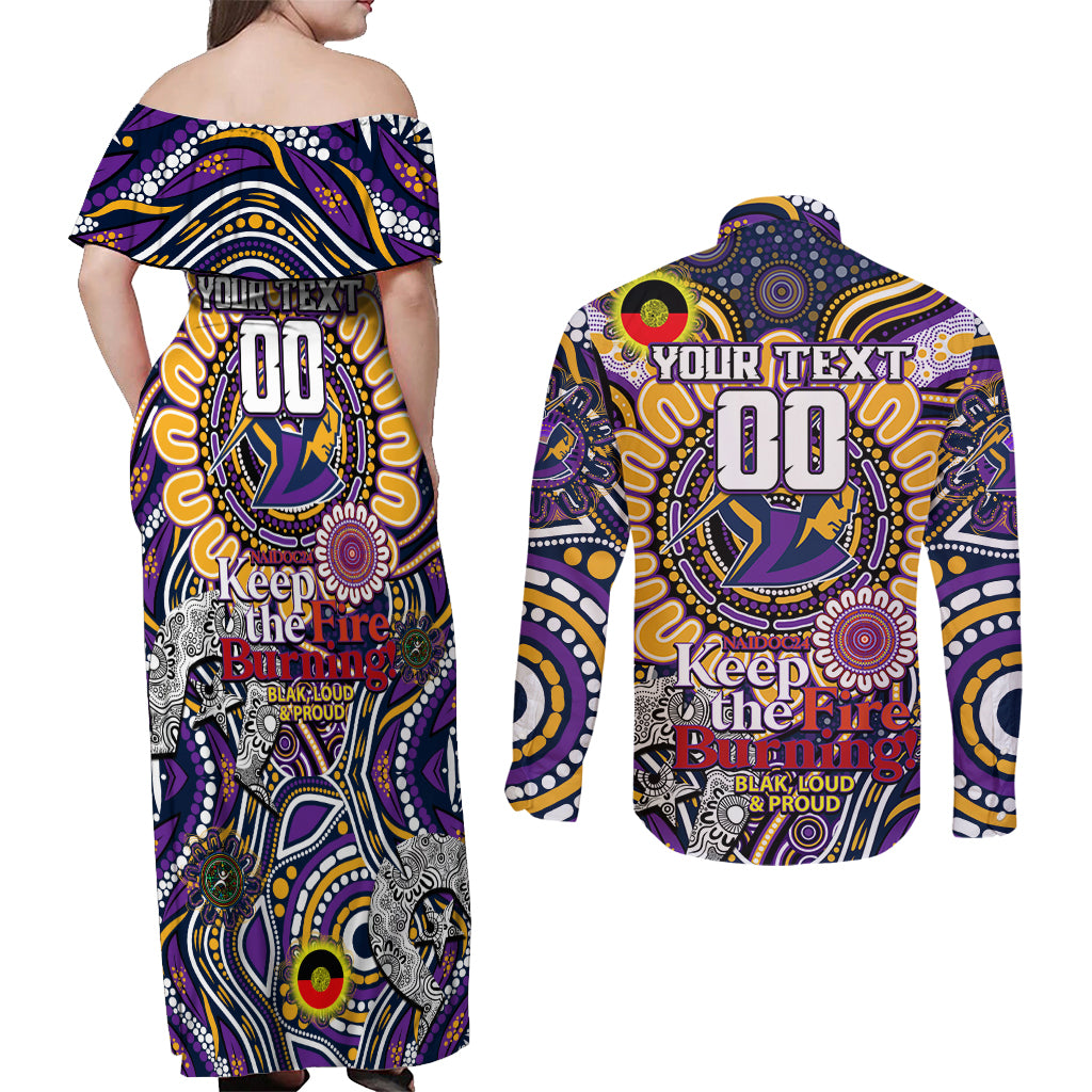 Custom NAIDOC Week 2024 Storm Couples Matching Off Shoulder Maxi Dress and Long Sleeve Button Shirt Mascot Rugby