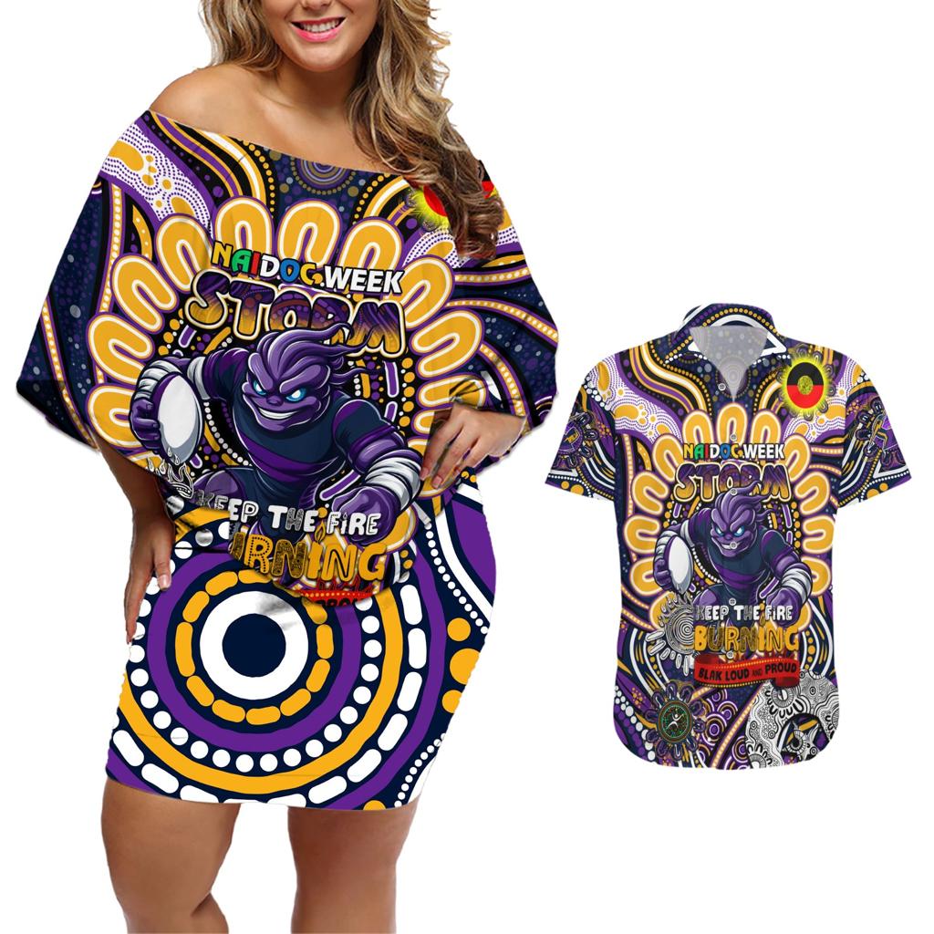 Custom NAIDOC Week 2024 Storm Couples Matching Off Shoulder Short Dress and Hawaiian Shirt Mascot Rugby